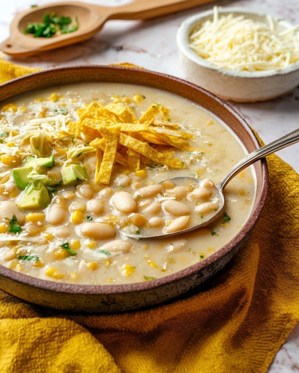A large brown bowl filled with thick creamy white soup containing white beans and yellow corn, with a spoon scooping some of the soup near the center. On top of the soup, on one side, there are small green chunks of avocado, yellow crispy tortilla strips, and shredded white cheese, with small green herb pieces scattered around. The bowl sits on a yellow cloth on a white marbled surface, and a wooden spoon with a silver handle is held by a woman's hand. In the background, there is a white bowl with white shredded cheese on a wooden board. Photo taken with an iphone --ar 4:5 --v 7