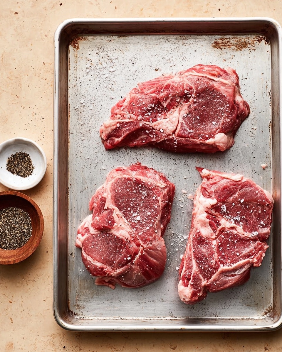 Three raw pieces of pork shoulder sit spaced apart on a silver metal baking sheet. Each piece shows red meat with white fat marbling, sprinkled with coarse salt and black pepper. The baking sheet has a worn texture with small marks, and below it is a beige surface that should be changed to white marbled texture. On the left side, there is a small round white bowl with black pepper visible, and a wooden bowl filled with more black peppercorns. The overall look is clean and simple, focusing on the raw pork and seasoning. photo taken with an iphone --ar 4:5 --v 7