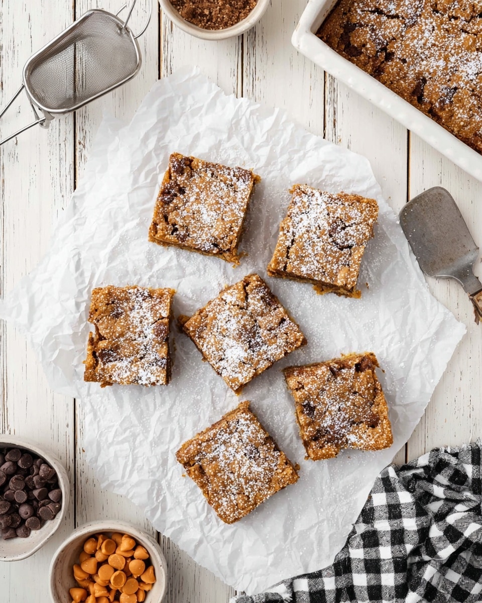 Nine square baked bars are placed on crumpled white parchment paper over a white marbled surface. Each bar has a golden brown color with darker spots, a rough texture, and is dusted evenly with powdered sugar. In the upper right corner, more of these bars rest inside a white baking dish with a metal spatula beside them. The background shows light wooden planks, a handheld metal sieve at the top left, and small bowls filled with chocolate chips and butterscotch chips near the bottom corners. A black and white checkered cloth peeks in from the lower right corner. photo taken with an iphone --ar 4:5 --v 7