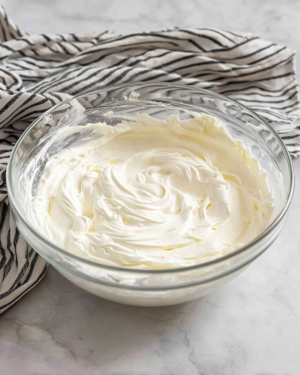 A clear glass bowl sits on a white marbled surface, filled with a creamy, smooth white mixture that is evenly whipped, creating soft swirls and peaks on the top layer. The bowl shows streaks of the cream on the inside edges, adding texture to the otherwise smooth surface. Behind the bowl, there is a black and white striped cloth that is casually draped, adding a soft contrast to the scene. photo taken with an iphone --ar 4:5 --v 7