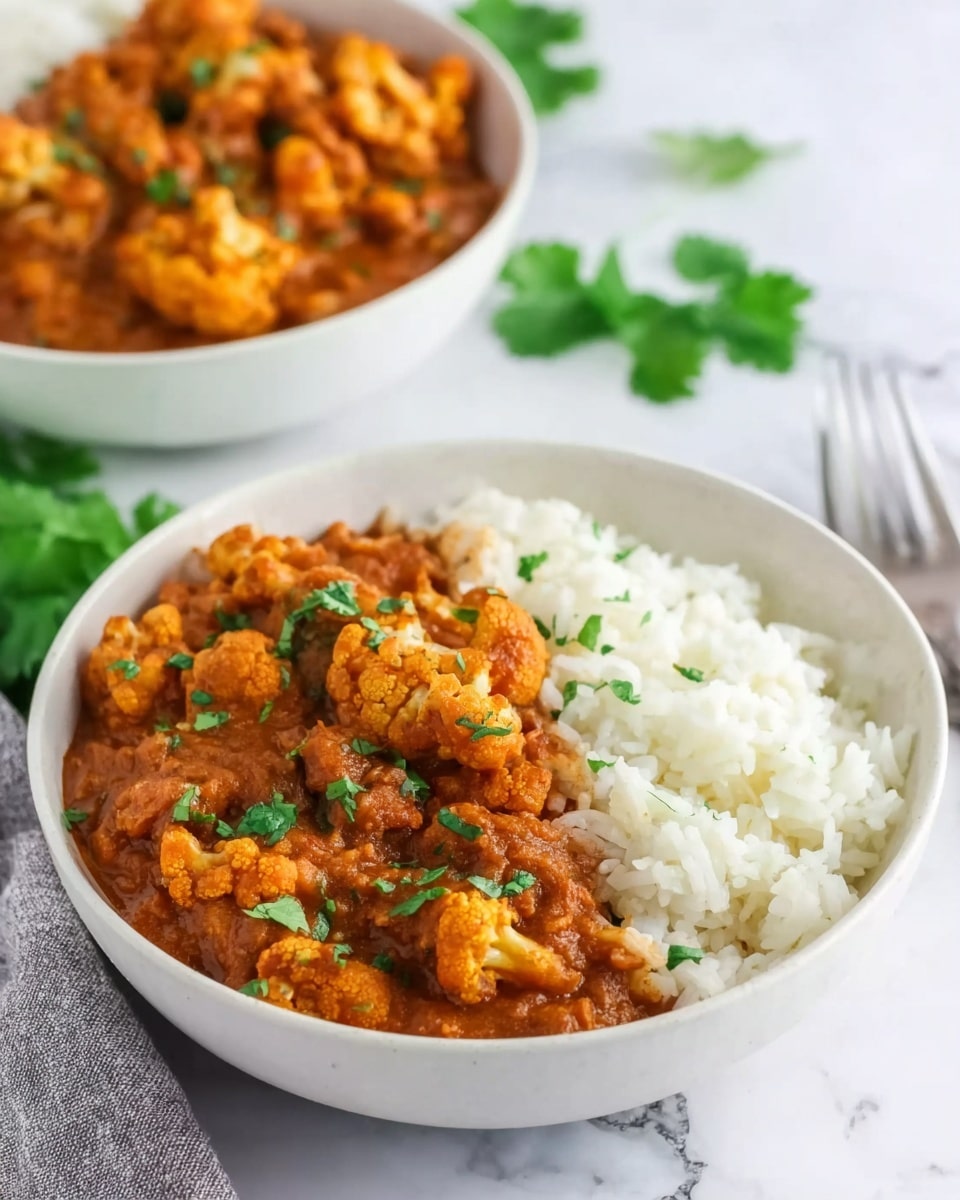 A white bowl filled with two layers: the bottom layer is fluffy white rice with a soft texture on the right side, and the top layer is a rich, orange-brown cauliflower curry with chunks of cauliflower and small green herb sprinkles scattered across it, sitting on the left side of the bowl. In the background, another white bowl with the same dish is slightly out of focus, placed on a white marbled surface with a few cilantro leaves and a silver fork nearby. Photo taken with an iphone --ar 4:5 --v 7