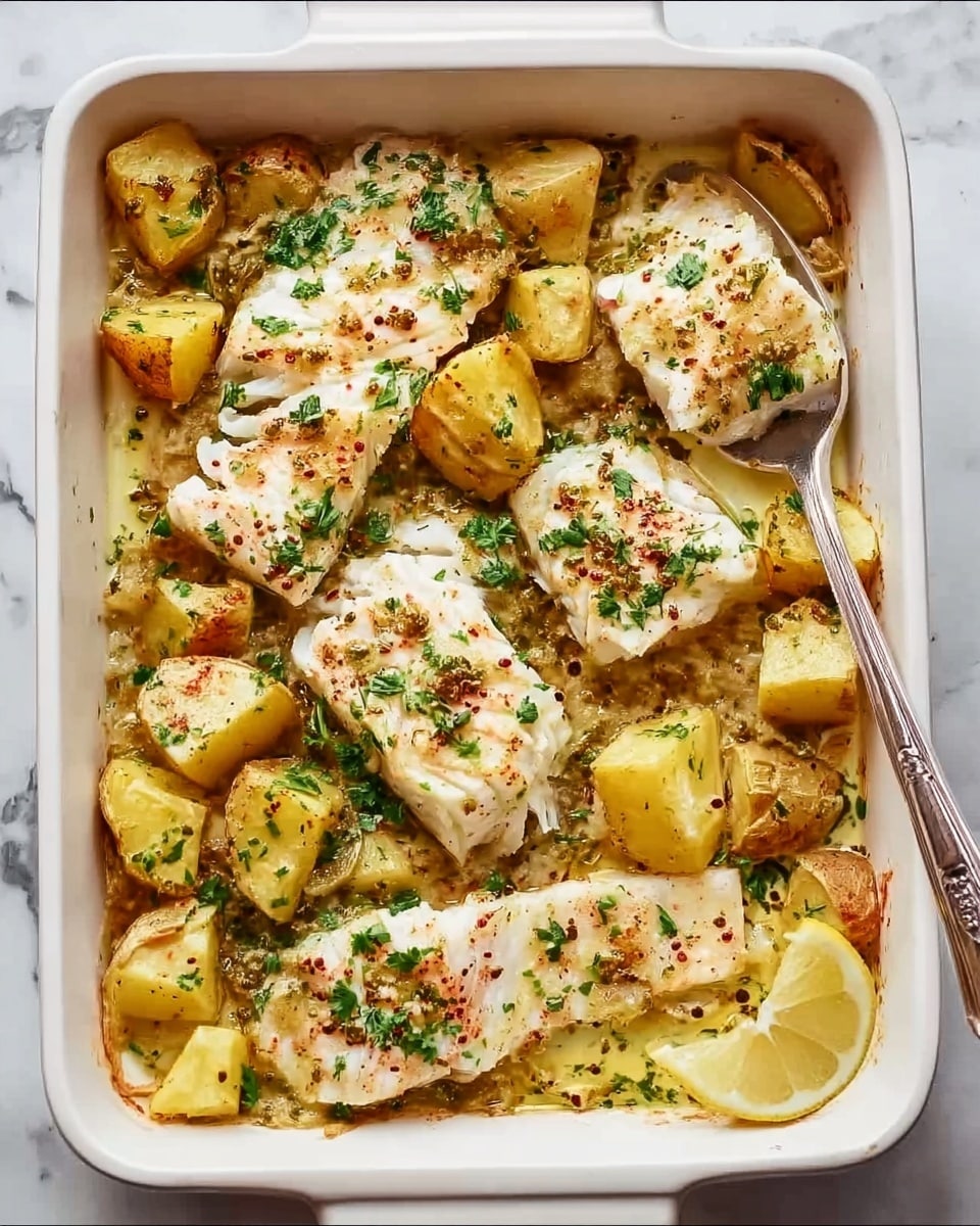 A white rectangular baking dish filled with a creamy baked fish and potato dish. Four white fish fillets with a soft, flaky texture are arranged alongside chunks of golden roasted potatoes. The dish is topped with chopped green herbs and sprinkled with small brown spices, adding a fresh and savory look. A thin slice of lemon rests on one side, adding a yellow accent. A silver serving spoon is placed in the dish, partially under one of the fish pieces. The baking dish rests on a white marbled surface. Photo taken with an iphone --ar 4:5 --v 7