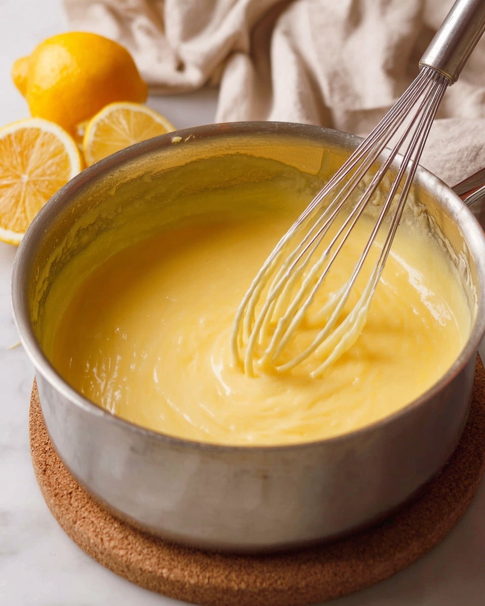 A close-up view of a smooth, thick, yellow mixture being stirred with a metal whisk inside a shiny silver pot. The mixture looks creamy and silky with a consistent texture. Behind the pot, there are halves of fresh yellow lemons and a soft, beige cloth draped in the background. The pot sits on a round cork mat on a white marbled surface. Photo taken with an iphone --ar 4:5 --v 7