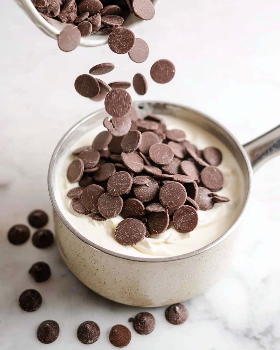 A white saucepan filled with white cream in the bottom layer, topped with many flat, round dark brown chocolate pieces falling from a white bowl held above the pan, some chocolate pieces in mid-fall, all placed on a white marbled surface photo taken with an iphone --ar 4:5 --v 7