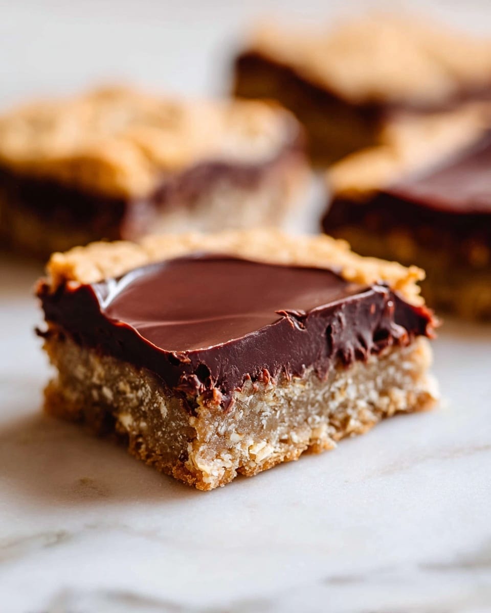 The image shows a close-up of three dessert squares, each with three layers. The bottom layer is a light brown crumbly oat base, rough and grainy in texture. The middle layer is thick and smooth, made of dark chocolate, rich and glossy, covering the oat base evenly. The top layer is a soft, golden cookie crust with a slightly uneven and crumbly surface. The dessert pieces are placed on a white marbled surface. The focus is sharp on the front piece, showing clear details of the layers and textures, while the other two pieces are softly blurred in the background. photo taken with an iphone --ar 4:5 --v 7