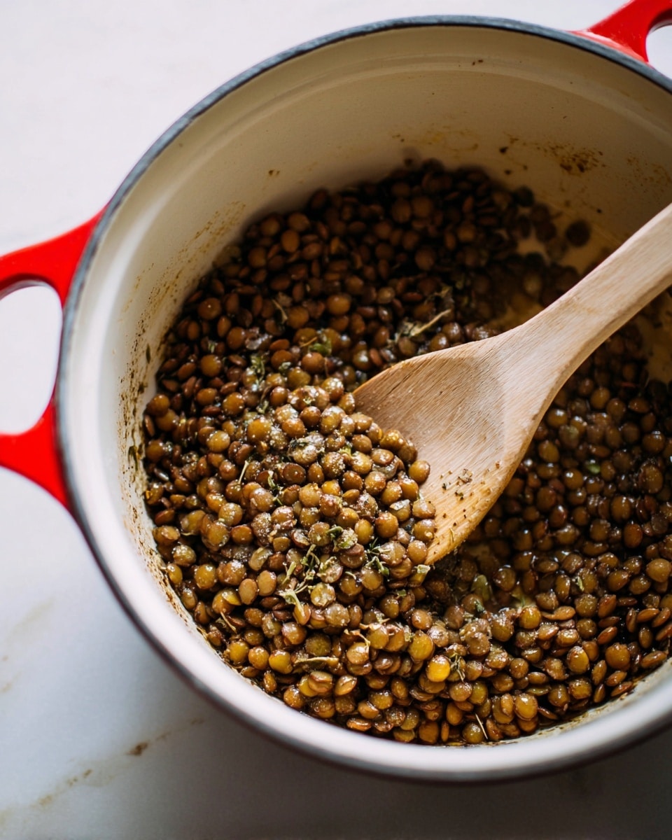 Inside a round white pot with a red outer edge, there is one layer of cooked lentils that are brown and shiny with some small pieces of light green herb mixed in. A wooden spoon with a light wood grain texture is resting inside the pot, partly covered with oil and spices. The pot sits on a white marbled surface, with a smooth and clean look. Photo taken with an iphone --ar 4:5 --v 7