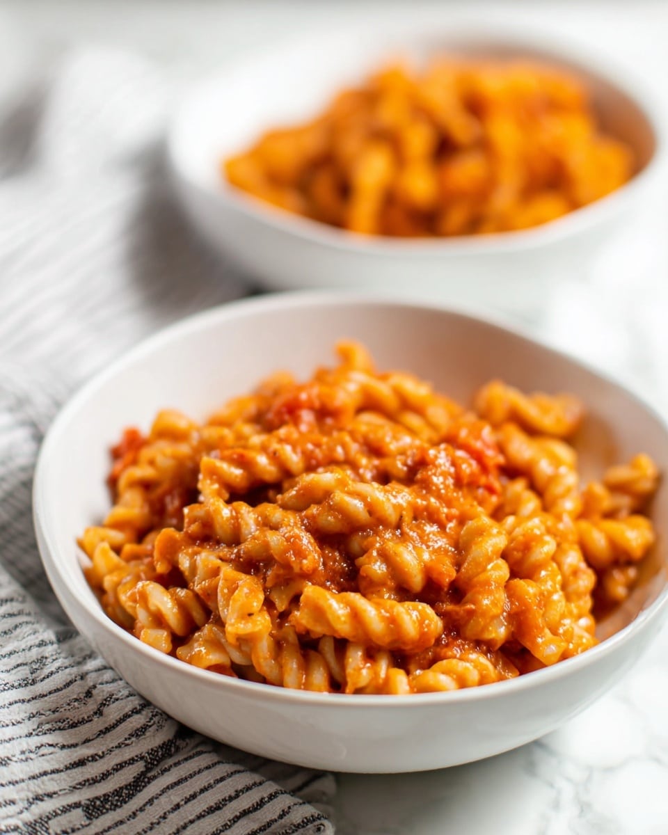 Two white bowls hold a pasta dish with a rich reddish-orange sauce. The pasta is spiral-shaped and coated well in the thick sauce, which has a slightly chunky texture with small bits of tomato. The front bowl is in focus with the creamy sauce glistening, while the back bowl is slightly blurred. The bowls sit on a white marbled surface with a light striped cloth under them. Photo taken with an iphone --ar 4:5 --v 7