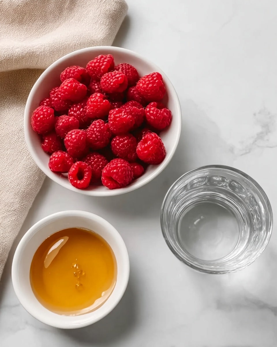 The image shows three white bowls and a clear glass on a white marbled surface. At the top, there is a white bowl full of bright red raspberries, each with a bumpy texture. Below it and to the left, there is a small white bowl with a pool of amber-colored honey that looks smooth and shiny. To the right of the honey bowl, there is a clear glass filled with clear water. A beige cloth with a soft texture is partly visible on the left side of the image. photo taken with an iphone --ar 4:5 --v 7