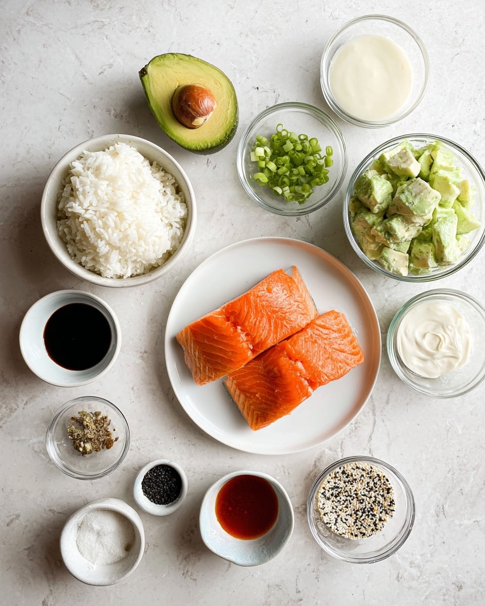 The image shows several white bowls and clear glass dishes arranged on a white marbled surface. There is a white bowl filled with fluffy white rice on the left, next to a halved avocado with a green inside and large seed. Above the avocado is a small white bowl with chopped green onions. Above that is a small glass bowl with creamy white sauce. To the right of the rice bowl are two pieces of cooked orange salmon fillets on a white plate. Above the salmon is a glass bowl filled with chopped cucumber pieces. To the right of the cucumber is a small glass cup holding a mix of black and white sesame seeds. Below the salmon are several small bowls containing different sauces and seasonings, including a bowl with black pepper, another with white creamy sauce, a bowl with dark soy sauce, and a small white bowl with red sauce. The overall setting is neat and clean, with ingredients ready for a meal. photo taken with an iphone --ar 4:5 --v 7