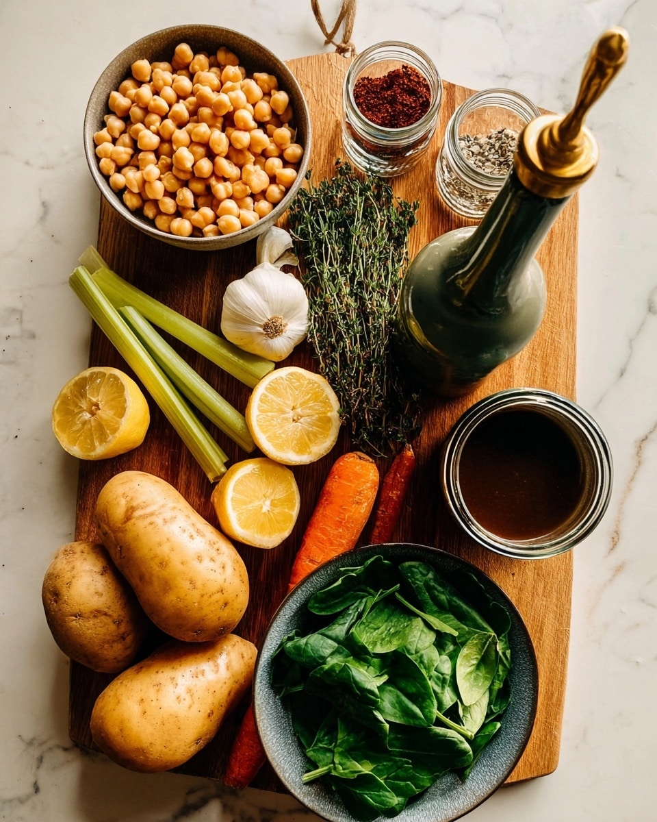 The image shows a wooden board with several fresh ingredients neatly arranged on top of a white marbled surface. On the top left, a small round bowl filled with light beige chickpeas sits next to a glass jar containing a dark red spice. Below them, fresh green thyme sprigs and a whole white garlic bulb rest beside a medium-sized golden onion. Two lemon halves with a bright yellow color are placed in the center, with a tall dark green bottle with a golden spout beside them. A jar filled with a dark brown liquid is positioned near the bottom right, next to a grey bowl full of dark green spinach leaves. On the left side of the board, three smooth light tan potatoes lie underneath a long orange carrot and two light green celery stalks. All items are visually fresh and vibrant. photo taken with an iphone --ar 4:5 --v 7