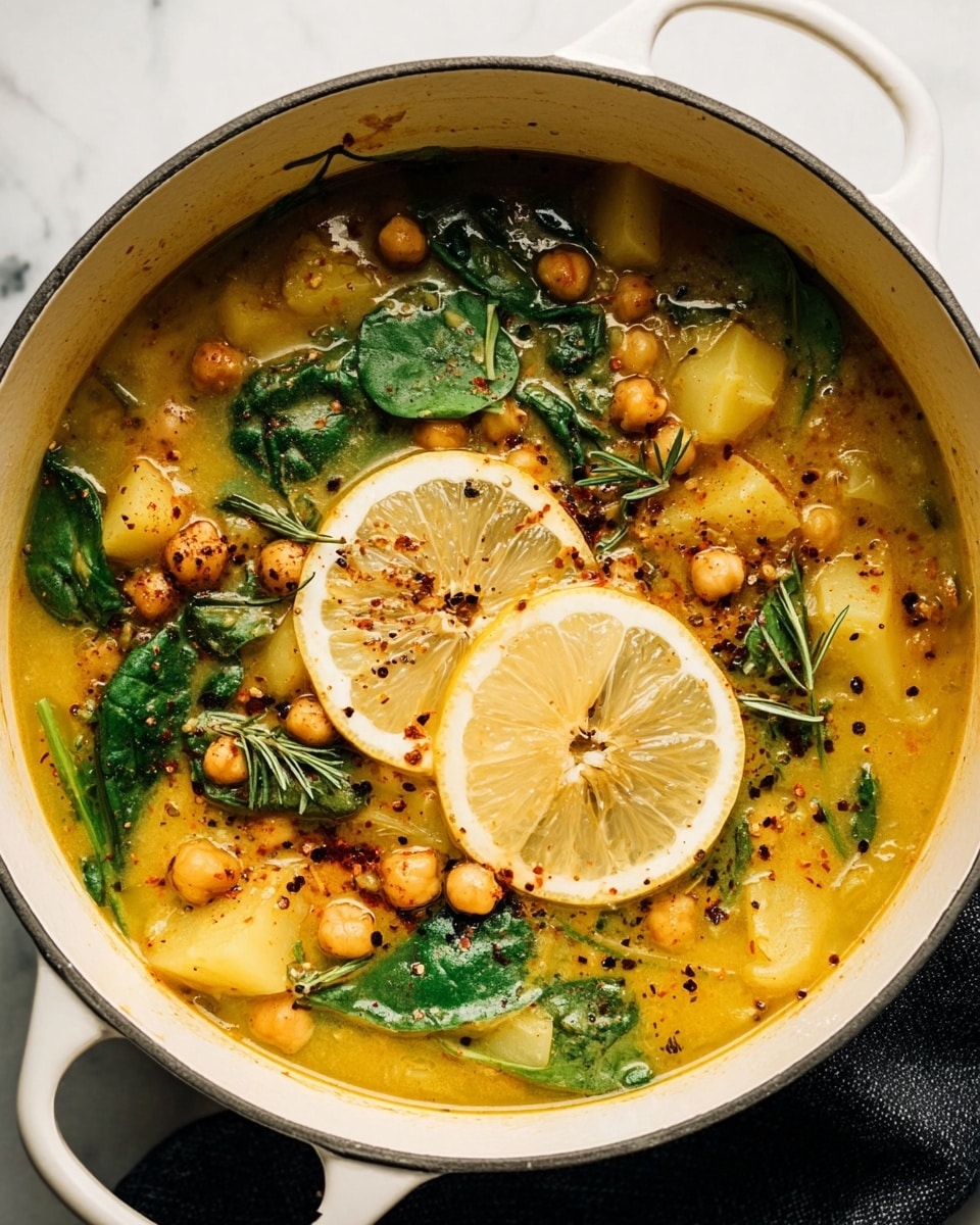The image shows a white pot filled with a thick soup made of yellow broth mixed with small chunks of potatoes. On top, there are scattered light brown chickpeas, bright green spinach leaves, and fresh herb sprigs. Two thin, round slices of lemon float on the surface, adding a bright pale yellow color. A light sprinkle of spices, mostly reddish-brown and black, is scattered on the soup's surface, giving texture and detail. The pot rests on a dark cloth against a white marbled textured background. Photo taken with an iphone --ar 4:5 --v 7