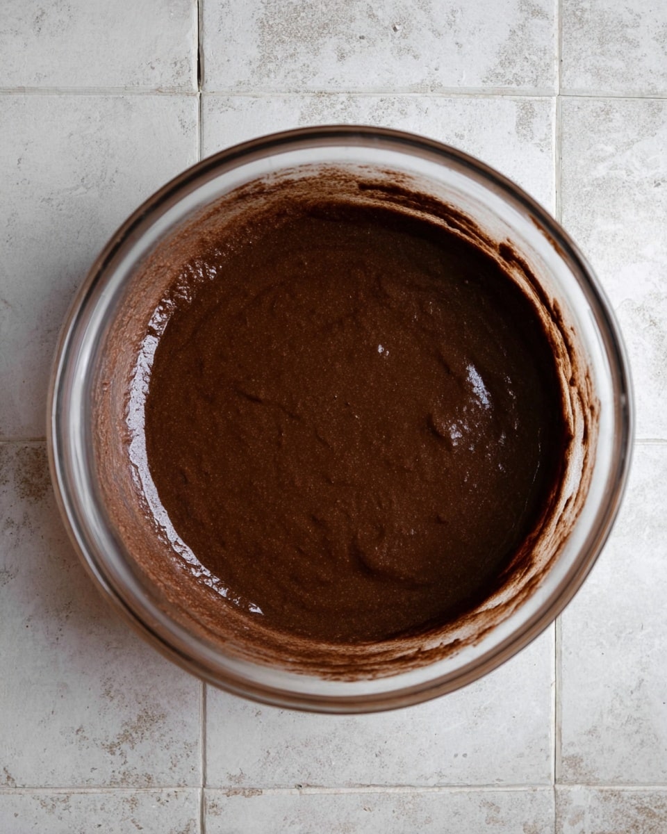 A single clear glass bowl filled with smooth, dark brown chocolate batter with a slightly shiny and even surface, sitting on a white marbled textured tiled background. The batter reaches about three-quarters up the sides of the bowl, with some slight spreading and thin remnants of batter around the edges inside the bowl. Photo taken with an iphone --ar 4:5 --v 7