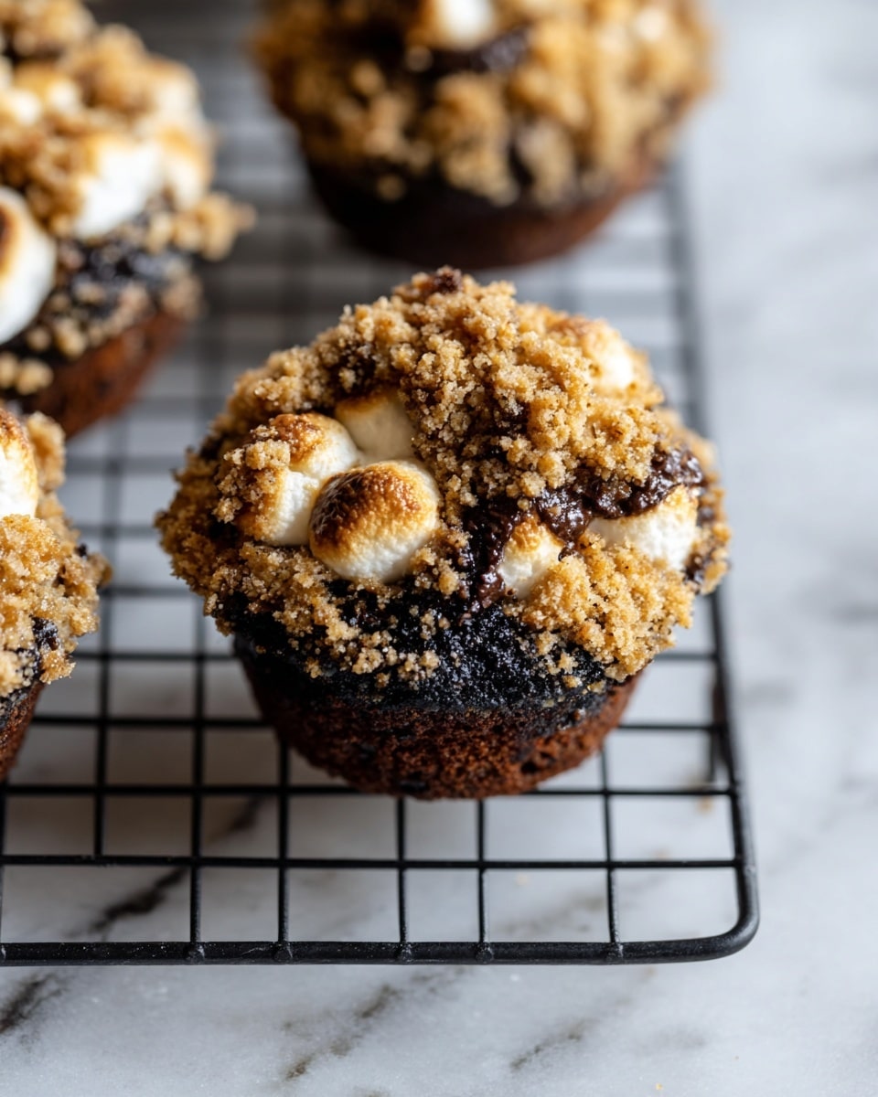 The image shows a close-up of a single round muffin on a black cooling rack placed on a white marbled surface. The muffin has three main layers: the base is dark, almost black, with a moist and dense texture; the middle layer features lightly browned, melted marshmallows with a soft and fluffy appearance; and the top layer is covered with a crumbly, golden-brown streusel topping scattered unevenly all over. The muffin looks freshly baked with a slightly rough surface due to the crumbs and marshmallows. Photo taken with an iphone --ar 4:5 --v 7
