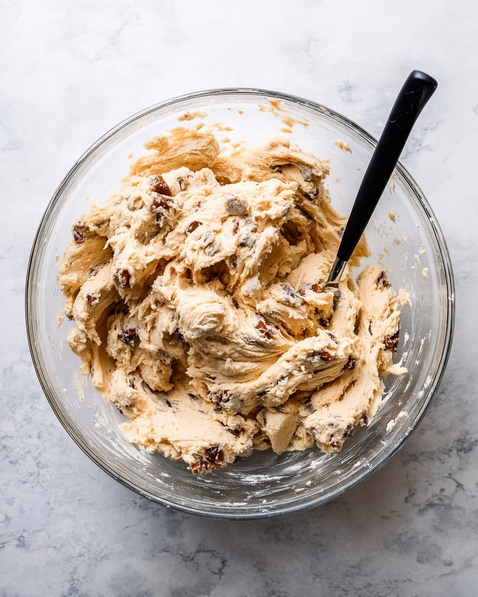 A clear glass bowl filled with thick, creamy light beige dough mixed with medium-sized chunks of brown and white pieces, giving a rough texture throughout. The dough has uneven, soft folds, with the chunks scattered inside and on the surface. A black spoon is partially buried on the right side of the bowl, its handle extending outward. The bowl sits on a white marbled textured surface. photo taken with an iphone --ar 4:5 --v 7