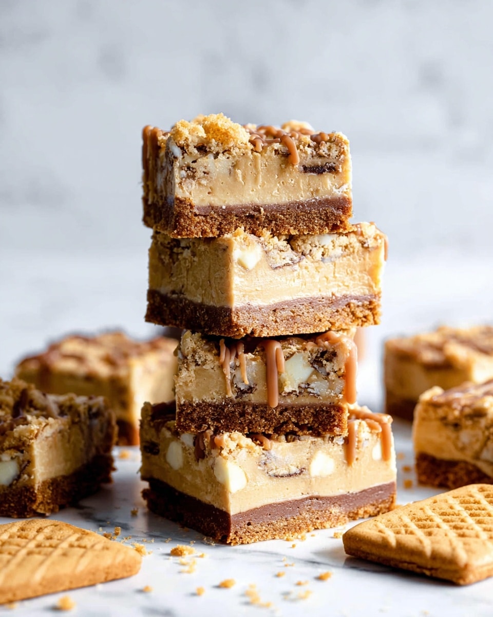 The image shows a stack of five square dessert bars arranged on a white marbled surface, each bar having three visible layers: a thick, dense light beige base with pieces of white chocolate and cookie bits inside, topped by a thinner darker brown crumbly layer, and finished with a light caramel drizzle over the top. Around the stacked bars, more of the same bars are casually placed, and there is one rectangular light brown cookie with a textured pattern lying flat in front. The overall look is rich and textured with clear layers and crumbs scattered lightly nearby. photo taken with an iphone --ar 4:5 --v 7