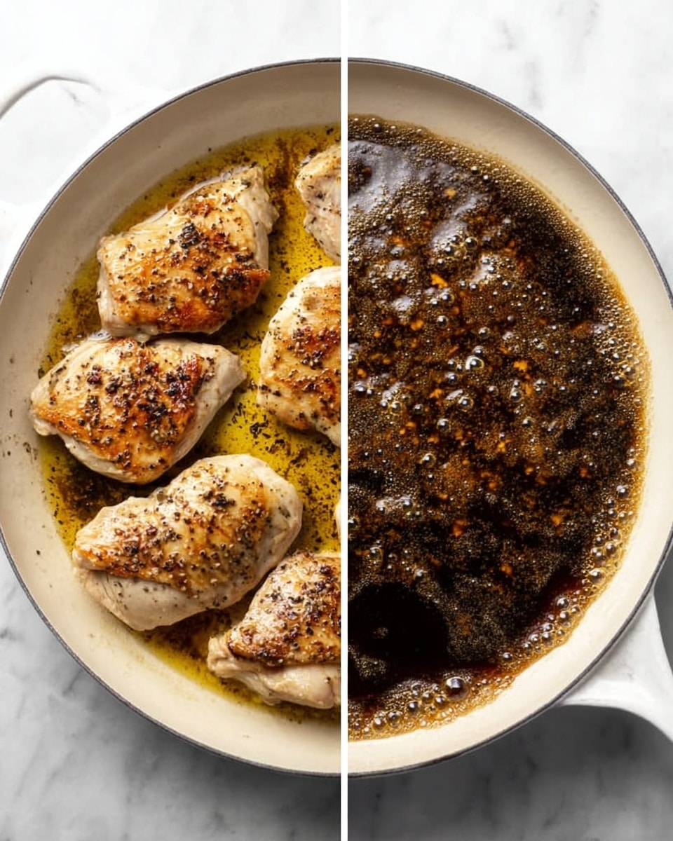 The image shows two views of a white cast iron pan on a white marbled surface. The left side has four cooked chicken pieces with a light golden brown color and small black pepper specks on top, arranged close together in the pan. The chicken has a slightly rough texture with some parts more browned than others. The right side shows the pan filled with a dark brown liquid with bubbles and small bits floating in it, creating a textured, bubbly surface that looks like it is simmering. photo taken with an iphone --ar 4:5 --v 7
