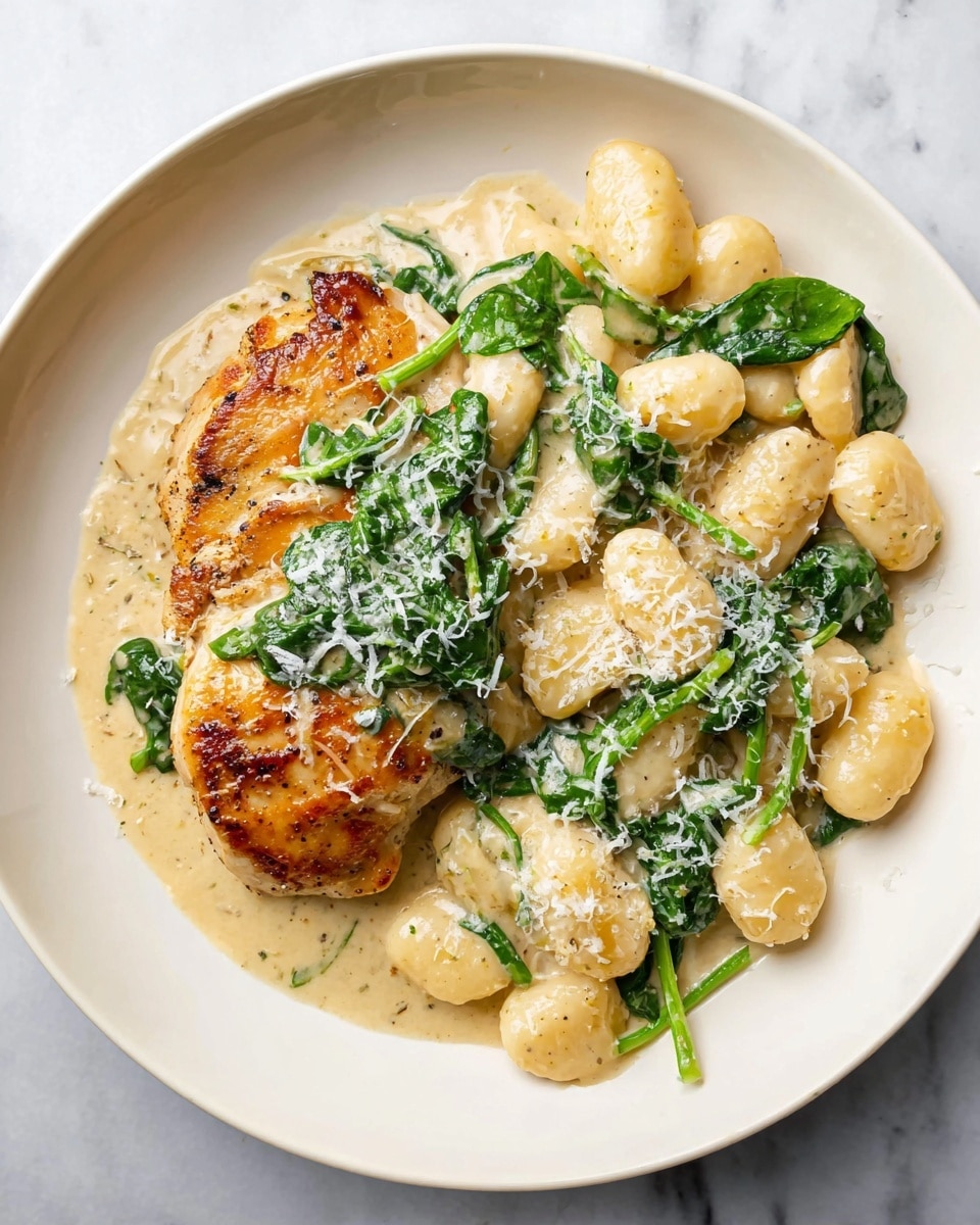A white plate holds a golden brown chicken piece on the left side, topped with bright green spinach leaves and covered in creamy light beige sauce. On the right side, there are soft gnocchi pieces also coated in the same creamy sauce mixed with spinach leaves. The dish is sprinkled with fine white grated cheese all over, adding texture and contrast. The plate sits on a white marbled surface. photo taken with an iphone --ar 4:5 --v 7