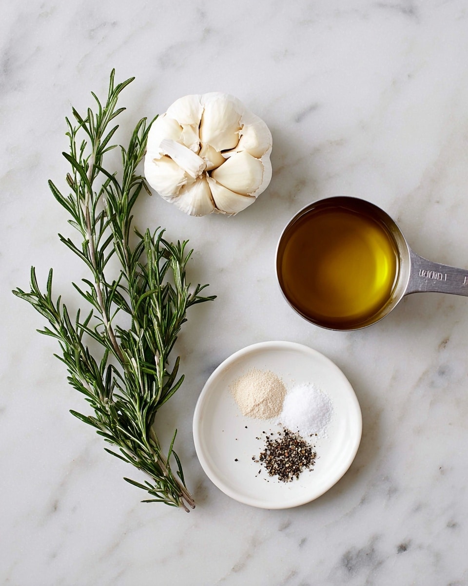 The image shows a close-up of four cooking ingredients laid out on a white marbled surface: a small green sprig of rosemary with slender needle-like leaves, a bulb of garlic with several creamy white cloves exposed, a half cup metal measuring cup filled with golden olive oil placed at the top right, and a round white plate at the bottom right holding three small piles of seasoning,white salt crystals, black pepper pieces, and a pale beige powder. The arrangement of the ingredients is simple and neat, with each item clearly visible and spaced apart, creating a clean and fresh look. Photo taken with an iphone --ar 4:5 --v 7
