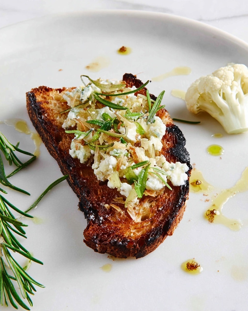 The image shows one piece of toasted bread placed slightly off center on a white plate with a white marbled texture background. The toast is dark brown with some blackened edges and a slightly rough texture. On top of the toast is a layer of light-colored crumbled cheese mixed with small pieces of green herbs, including rosemary sprigs. There are small drops of golden olive oil scattered around the toast on the plate. On the top right corner of the plate, there is a white cauliflower floret. Near the bottom left corner, some fresh green rosemary sprigs lie partly on the white marbled surface. Photo taken with an iphone --ar 4:5 --v 7