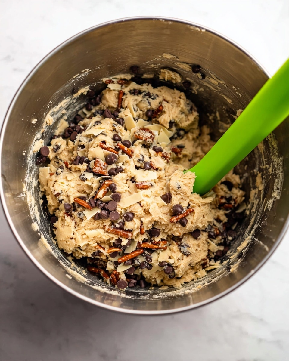 Inside a tall silver mixing bowl sits a thick cookie dough mixture full of several layers and textures. The base layer is a light tan, soft dough mixed with dark small chocolate chips scattered widely across the surface. Added into the dough are rough chopped pretzel pieces in light brown color and thin, light yellow potato chip-like slices, giving a crunchy texture. A bright green spatula partially covered with the dough stands inside the bowl, adding a contrast to the earthy tones of the mixture. The scene is set on a white marbled surface photo taken with an iphone --ar 4:5 --v 7