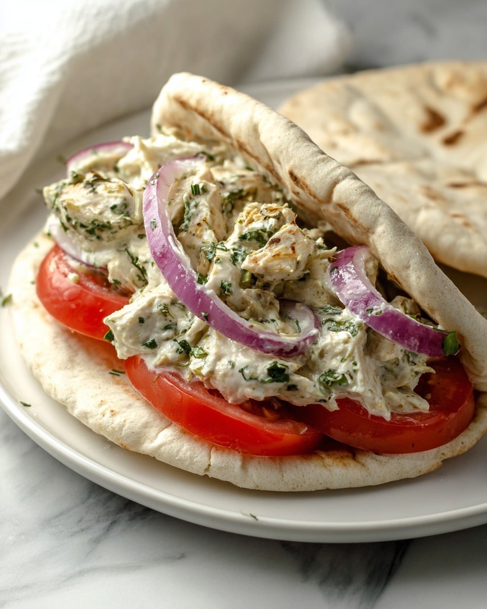 A white pita bread is open and filled with three visible layers: the bottom layer has bright red tomato slices, the middle layer has rings of purple onion, and the top layer is a creamy chicken salad mixed with green herbs and small chunks of onion. The pita bread itself is soft and slightly browned on the edges. The dish sits on a white plate with a white marbled surface in the background. Photo taken with an iphone --ar 4:5 --v 7