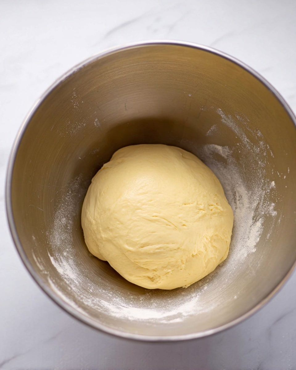 A smooth, pale yellow dough ball rests at the center inside a shiny silver metal mixing bowl. The dough has a soft texture with slight creases on its surface, and the inside walls of the bowl show faint traces of flour dust. The bowl sits on a white marbled surface, with soft lighting highlighting the dough's smoothness and the metal's reflective finish. photo taken with an iphone --ar 4:5 --v 7