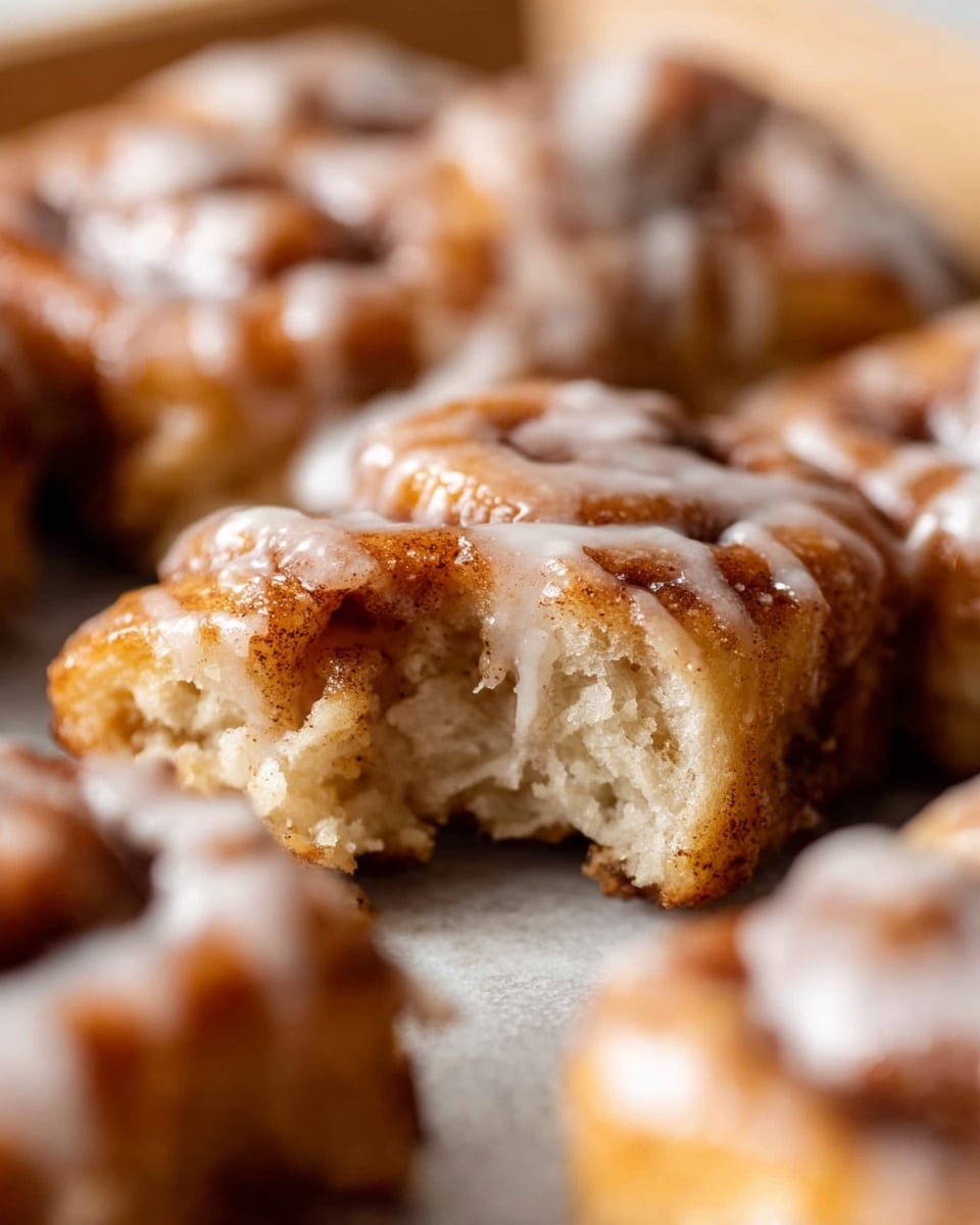 The image shows close-up pieces of cinnamon roll dough that are torn apart, revealing a soft, fluffy inside in light beige color. The outer part of these pieces is golden brown with a textured surface covered lightly with white glaze icing dripping down. The pieces are on a white marbled texture surface. The focus is on the middle piece showing the inside clearly, while the rest is blurred softly in the background. photo taken with an iphone --ar 4:5 --v 7