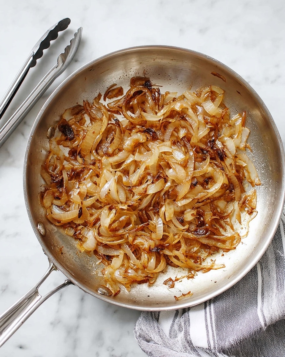 A stainless steel pan holds cooked caramelized onions, spread evenly in one layer with a mix of light golden brown and darker brown edges showing a soft and slightly crispy texture. The pan sits on a white marbled surface with a pair of silver metal tongs resting to the left and a gray cloth with white stripes partially visible on the right. The onions have a shiny, slightly wet appearance and look tender with curled edges. photo taken with an iphone --ar 4:5 --v 7