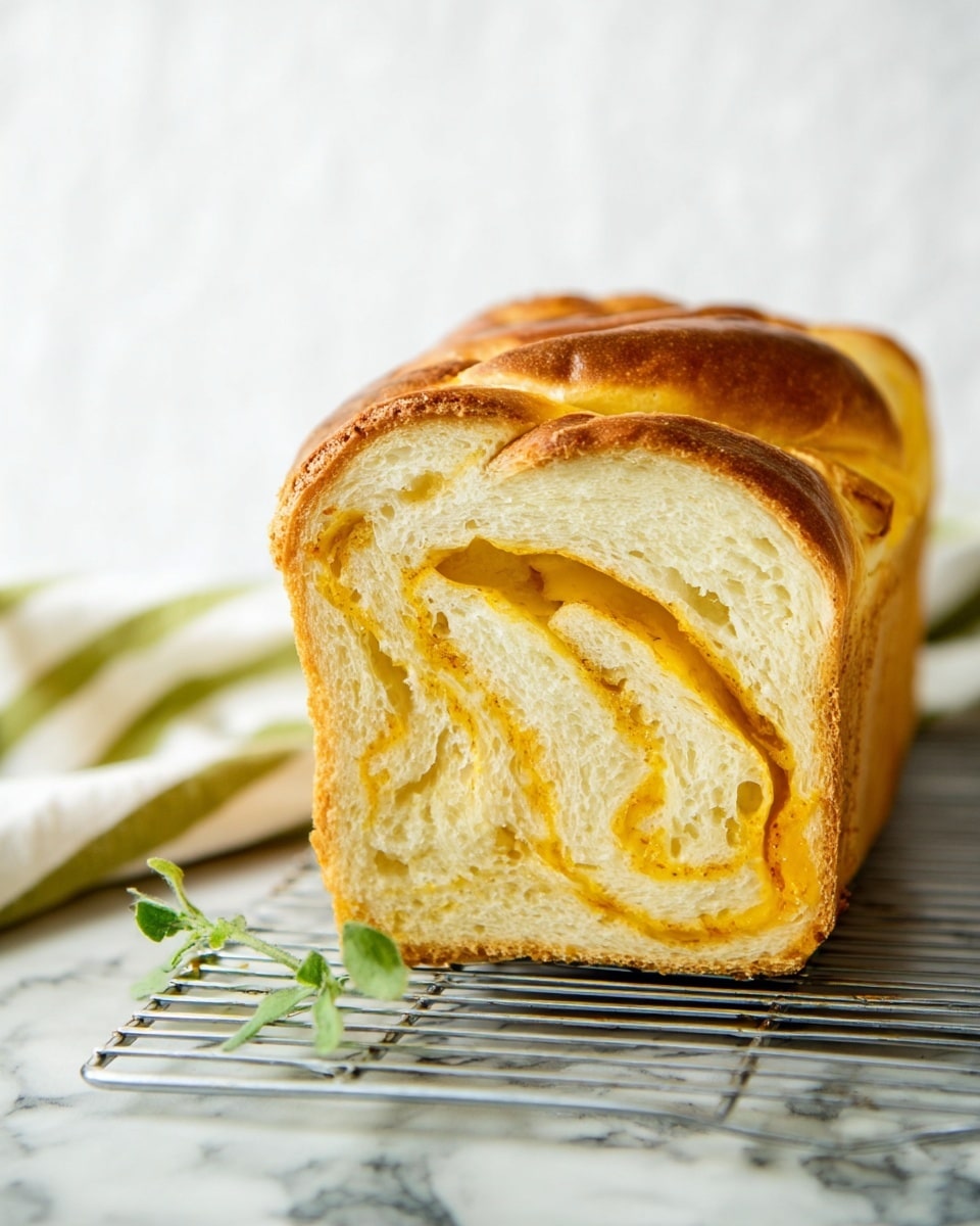 The image shows a thick loaf of bread sliced open to reveal its soft, light cream inside with swirls of yellow filling spiraled throughout three visible layers. The crust is a golden brown, slightly shiny with a smooth texture. The loaf sits on a metal cooling rack on top of a white marbled surface. A small green sprig rests nearby, adding a touch of color. In the background, there is a folded white cloth with green stripes, blurred out. The photo has bright, natural light highlighting the bread’s texture. photo taken with an iphone --ar 4:5 --v 7