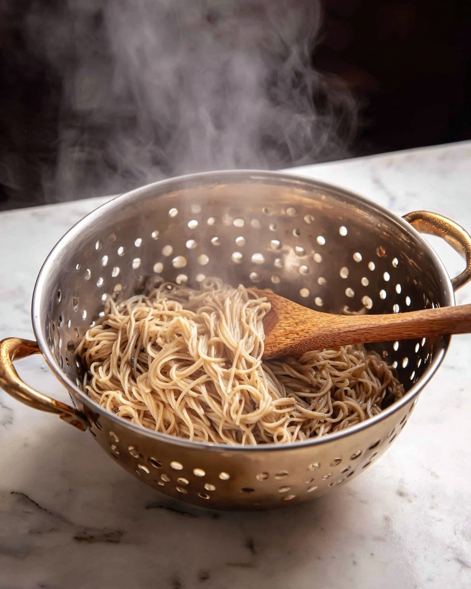 A metal colander filled with drained cooked noodles, showing a warm light brown color with a soft, smooth texture. The colander has round holes and two handles, sitting on a white marbled surface. Steam rises from the hot noodles, creating a light mist above. A wooden spoon with a smooth texture is inside the colander, partially stirring the noodles. Photo taken with an iphone --ar 4:5 --v 7