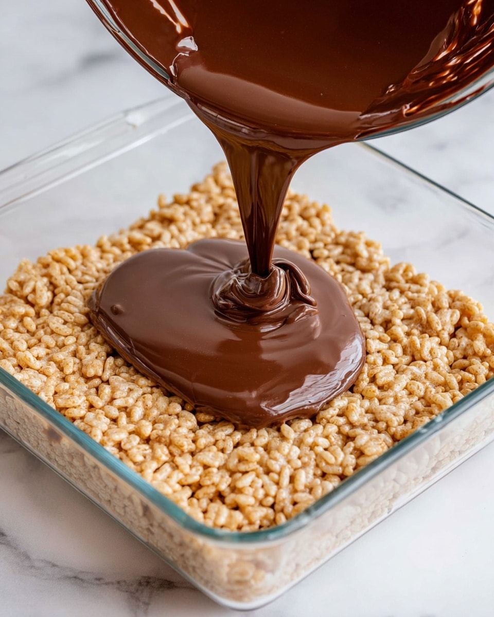 A clear glass rectangular dish filled with one thick layer of light brown, puffed rice cereal bars with a dry texture. On top, smooth, shiny dark brown chocolate is being poured from a glass bowl held slightly above the dish, creating a flowing stream that pools in the center of the puffed rice layer. The scene is set on a white marbled surface. Photo taken with an iphone --ar 4:5 --v 7