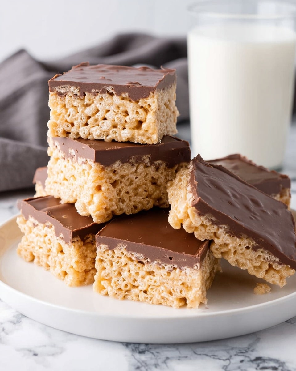 A stack of five square dessert bars sits on a white plate with a white marbled surface underneath. Each bar has two clear layers: a thick, bubbly light tan base made of crispy rice cereal, and a smooth, shiny dark brown chocolate layer on top. The bars are neatly cut with clean edges, and one bar is placed on top of the stack at an angle, showing the texture inside. In the background, there is a clear glass filled with white milk and a gray cloth. Photo taken with an iphone --ar 4:5 --v 7