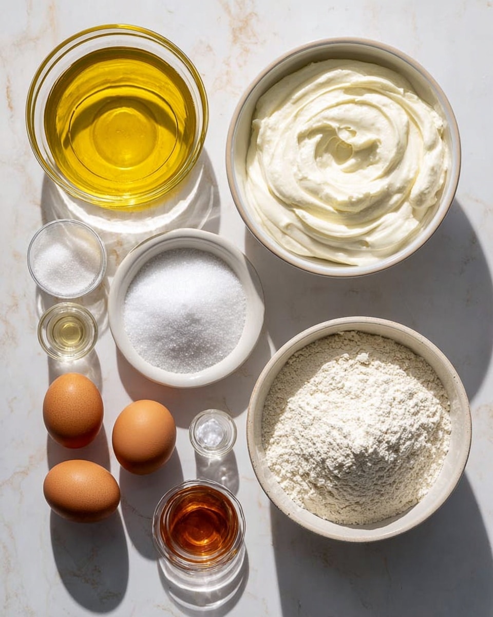 A top-down view of several cooking ingredients placed on a white marbled surface with bright natural light and soft shadows. There are seven containers arranged loosely in a circle. The largest bowl at the top center is white and filled with thick white cream with a smooth swirl on top. To the left is a transparent round bowl filled with golden yellow oil. Below that is a medium-sized round white bowl filled with granulated white sugar. To the top right is a large white bowl with white flour inside, showing small lumps and a slightly rough texture. Below it is a small white dish holding three brown eggs. In the center below the cream bowl are three small transparent glass cups arranged in a line; the left one contains a small amount of amber liquid, the middle one holds a white powdered ingredient, and the right one is empty or transparent. The overall color palette is neutral with warm tones from the eggs and oil. Photo taken with an iphone --ar 4:5 --v 7