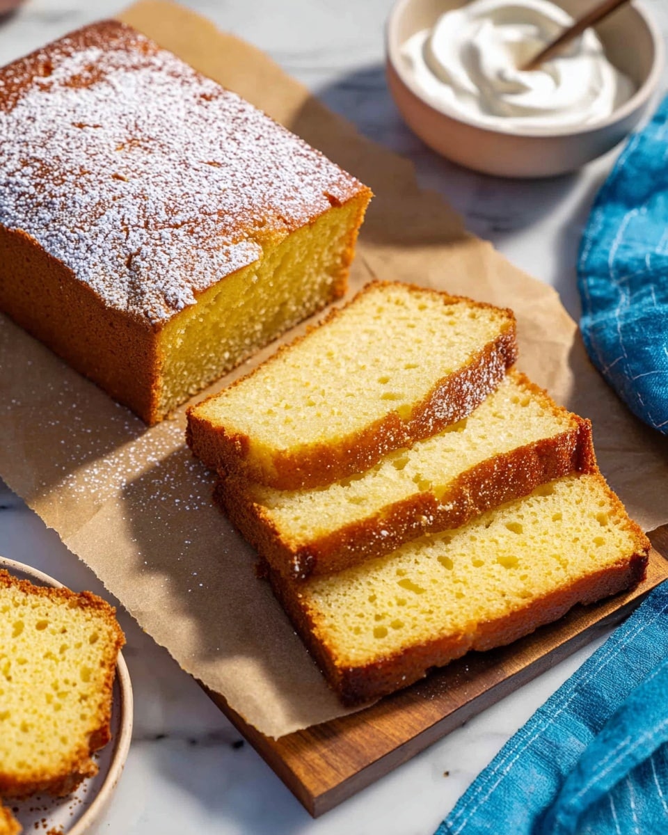 A sliced yellow loaf cake with a golden brown crust sits on a piece of brown parchment paper over a wooden board. The cake has a soft, airy texture with small holes inside. Four long rectangular slices are cut from the left side while two thicker rectangular slices lie stacked side by side on the right. The top of the loaf and slices have a light dusting of white powdered sugar. A white bowl with white cream is partially visible above the cake, and a bright blue cloth is on the right side. A white marbled surface forms the background. photo taken with an iphone --ar 4:5 --v 7
