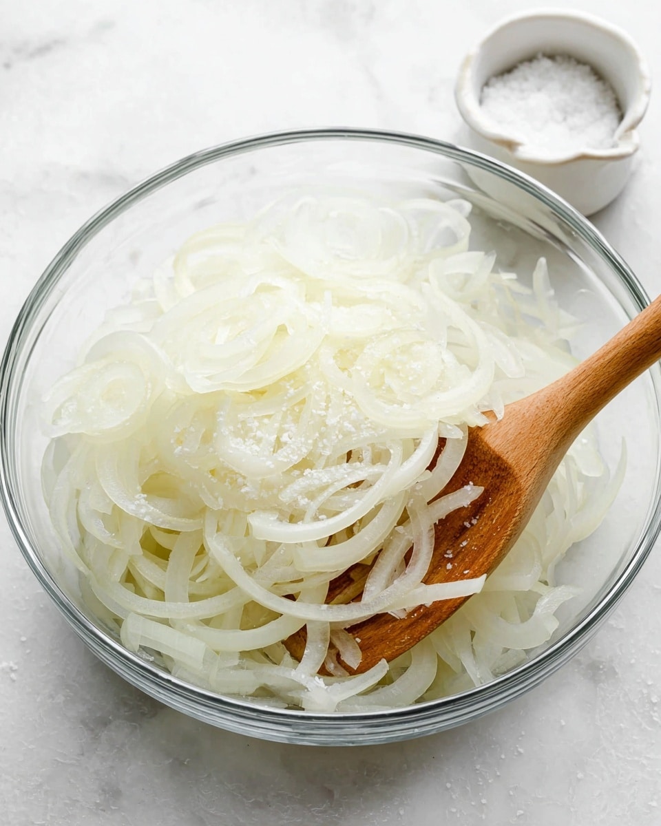 A clear glass bowl filled with thin, curly white onion slices, layered loosely and topped with a sprinkling of coarse white salt crystals. A light wooden spoon rests inside the bowl, partially covered by the onions, with the spoon handle extending outwards. The bowl sits on a white marbled surface, and a small white ceramic container filled with salt is placed in the upper right corner of the image. The whole scene is bright and clean, emphasizing the fresh, crisp texture of the onions. Photo taken with an iphone --ar 4:5 --v 7