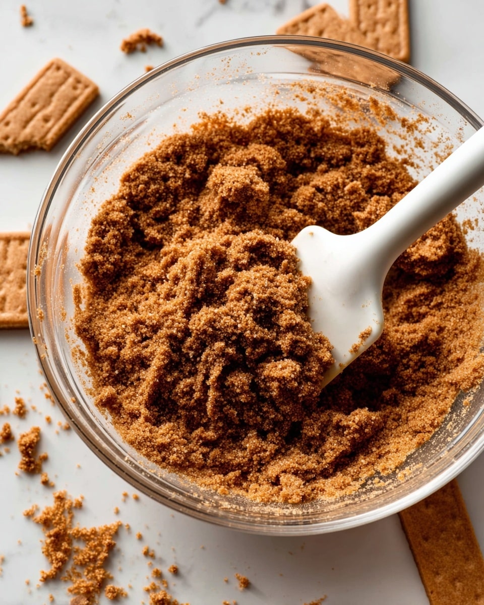 A clear glass bowl filled with a crumbly brown mixture that looks like crushed cookies or graham crackers, with a white spatula partially submerged in the mixture inside the bowl; the bowl is on a white marbled surface scattered with several whole and broken rectangular brown cookies around it, showing a rough textured top and edges; the light makes the crumbs look rich and textured with small clumps visible photo taken with an iphone --ar 4:5 --v 7