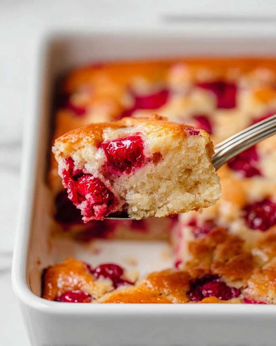 A close-up view of a golden-brown baked dessert with a soft, spongy texture, dotted with bright red raspberries spread throughout. The dessert sits in a white baking dish with slightly raised edges, placed on a white marbled surface. A spoon is lifting a piece from the dish, showing the contrast between the light tan cake and the juicy red berries pressed into it. The cake has a slightly shiny, glazed look on its surface, with crumbs gently held together, emphasizing its moist texture. The spoon's handle is silver, and a woman's hand is partially visible holding it. photo taken with an iphone --ar 4:5 --v 7