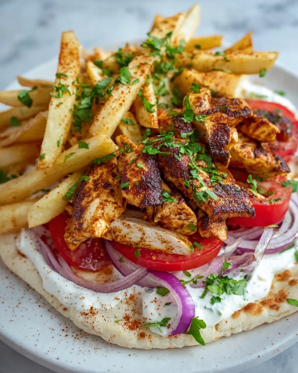 A white plate on a white marbled surface holds a layered dish starting with a base of soft flatbread topped with white cream sauce. On the sauce lies sliced red tomatoes and thin purple onion rings. Above this are several pieces of grilled chicken with a dark golden-brown char, sprinkled with chopped green herbs. To one side, thick, light golden fries are stacked, also topped with green herbs. The dish has warm, earthy colors with fresh greens adding brightness, all close-up and detailed. Photo taken with an iphone --ar 4:5 --v 7