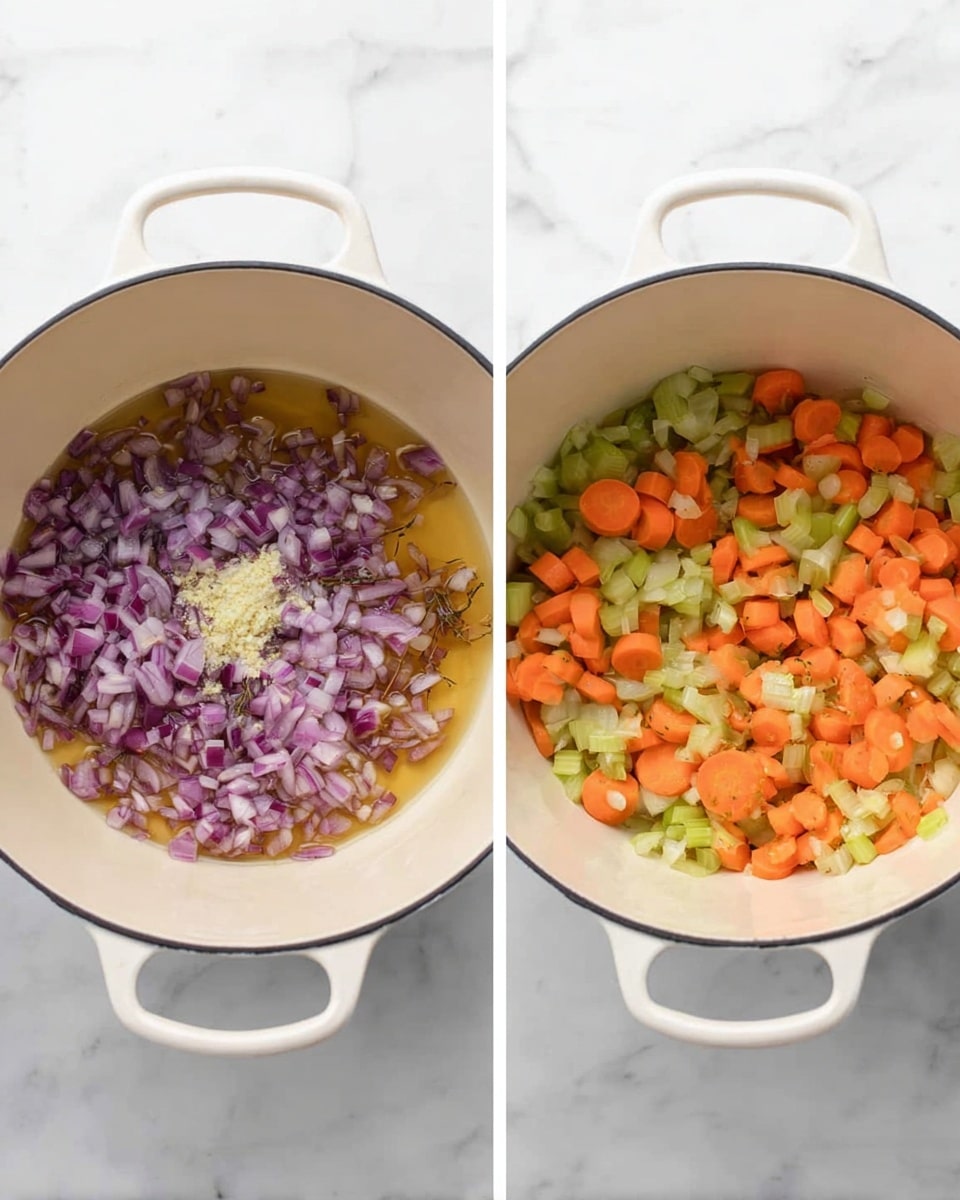 The image shows two views of a white pot on a white marbled surface. In the first view, the pot has one layer of chopped red onions mixed with minced garlic in the center, all sitting in a shallow pool of oil. In the second view, the pot now holds two layers: a bottom layer of the cooked onions and garlic, with a second layer of chopped orange carrots and light green celery pieces spread evenly on top. The colors are bright and fresh, showing a mix of purple, white, orange, and green. Photo taken with an iphone --ar 4:5 --v 7