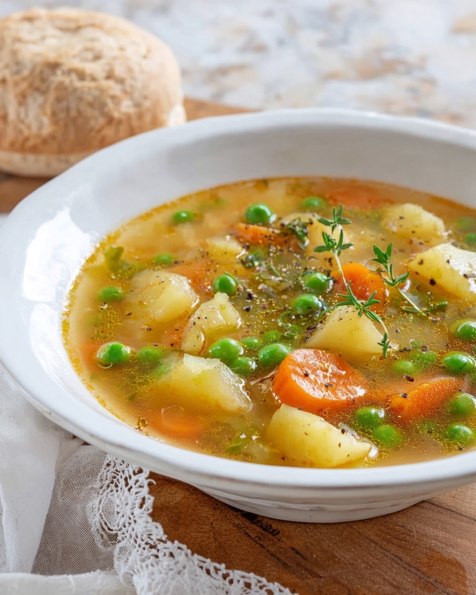 A white shallow bowl holds a soup filled with several layers of vegetables and broth. The bottom layer is a clear light brown broth with a shiny surface. Floating on top are soft chunks of pale yellow potatoes, bright orange carrot slices, and vibrant green peas scattered unevenly. There are also small sprigs of fresh green herbs decorating the surface and small black specks of ground pepper. Behind the bowl, on a wooden surface, is a piece of light brown bread with a soft, textured crust. The background features a white marbled texture and a white cloth with lace edges partly visible near the bowl. Photo taken with an iphone --ar 4:5 --v 7