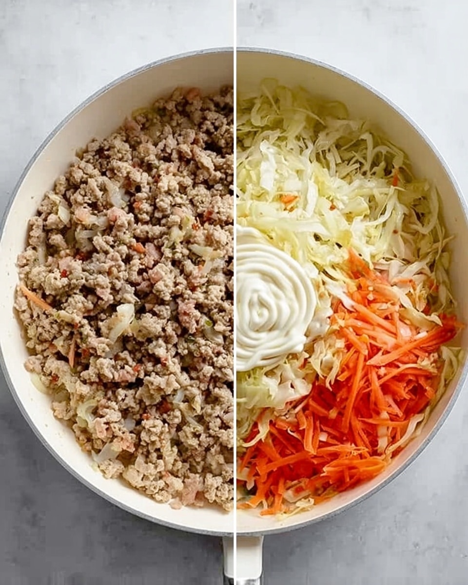 The first image shows a white pan with cooked ground meat evenly spread across the pan, light brown with small bits and a soft texture. The second image shows the same white pan on a white marbled surface, now filled with several layers: shredded pale yellow cabbage along one side, shredded orange carrots on the other, and a thick swirl of white sauce or mayonnaise in the center on top of the vegetables. Photo taken with an iphone --ar 4:5 --v 7