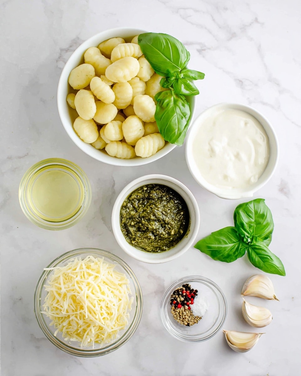 A white bowl full of pale yellow gnocchi sits at the top left, garnished with fresh green basil leaves. To the right, a white bowl holds smooth white cream. Below, there is a small white bowl with a thick dark green pesto and next to it, a tiny clear glass bowl containing white salt, black pepper, and red flakes. At the bottom left, a clear glass bowl is filled with shredded pale yellow cheese, while beside it, three cloves of garlic and more bright green basil leaves rest on the white marbled surface. Near the center left, a clear glass bowl contains a light yellow liquid. The whole setup is bright and clean, arranged neatly on the white marbled background. Photo taken with an iphone --ar 4:5 --v 7
