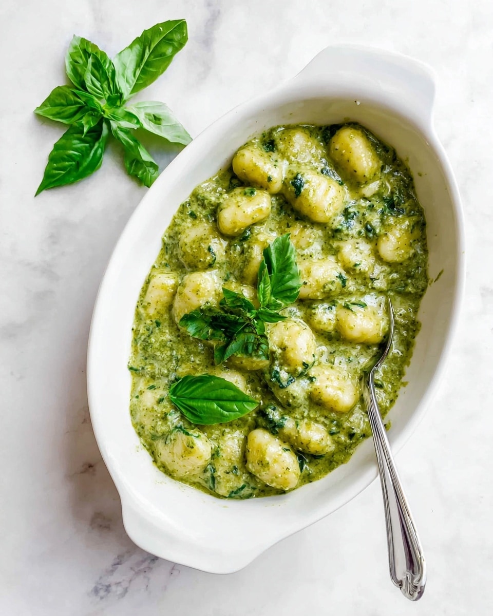 A white oval dish filled with small round gnocchi covered in a thick green pesto sauce with visible bits of herbs and spinach leaves mixed in. The sauce looks creamy and coats the gnocchi evenly. On top of the dish, there are a few fresh bright green basil leaves as garnish. The dish is placed on a white marbled surface with three more fresh basil leaves laid nearby. A silver spoon rests inside the dish, partially submerged in the sauce. photo taken with an iphone --ar 4:5 --v 7