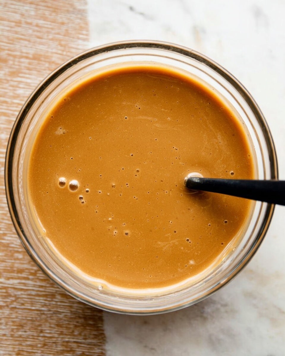 A clear glass bowl filled with smooth, light brown sauce or batter that has a creamy texture, with a black spoon sticking into it on the right side. The bowl sits on a white marbled surface. The sauce layer fills the bowl almost to the top, showing small bubbles on the surface. Photo taken with an iphone --ar 4:5 --v 7