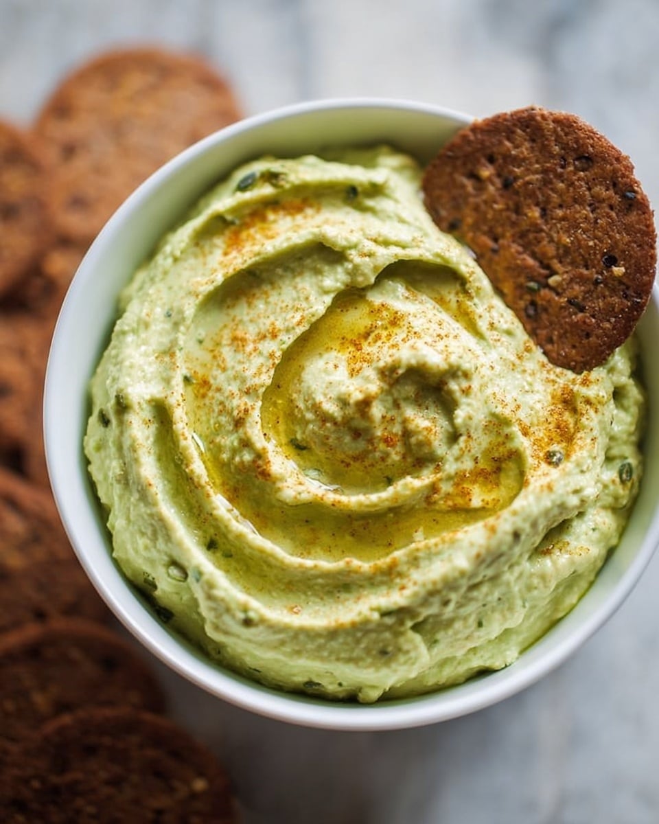 A white bowl filled with creamy green hummus, swirled in a spiral pattern with a smooth but slightly chunky texture, topped with a dusting of golden brown spice and a small drizzle of olive oil that glistens on the surface; a round, thin, crisp brown cracker with visible seeds is placed on the side inside the bowl; the bowl sits on a white marbled surface with a few other similar crackers blurred in the background photo taken with an iphone --ar 4:5 --v 7