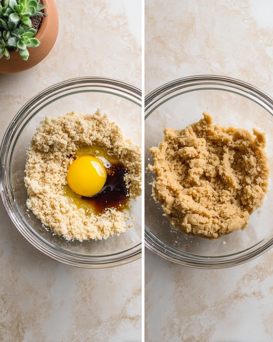 Two side-by-side images of a clear glass bowl on a white marbled surface. On the left, the bowl holds a crumbly, light beige mixture with a bright yellow egg yolk and a small dark brown liquid (vanilla extract) added on top, showing three layers: the crumbly base, the yellow yolk pool on the left side, and the dark brown liquid near the yolk. On the right, the bowl contains a evenly mixed, soft, light brown dough with a smooth and slightly sticky texture, filling most of the bowl’s inside surface. In the background, small green plants and a brown ceramic pot are slightly visible at the top. photo taken with an iphone --ar 4:5 --v 7