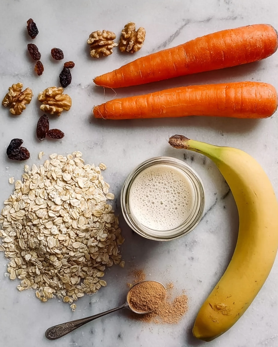 The image shows ingredients arranged on a white marbled surface, including two orange carrots placed diagonally at the top right, a yellow banana curved at the bottom left, scattered walnuts on the left side, a small heap of light beige powder inside a clear plastic scoop, a pile of light tan rolled oats spread in the center, a glass jar filled with frothy oat milk positioned near the oats, scattered dark raisins near the jar, and a silver spoon with a brown powder close to the right edge. Photo taken with an iphone --ar 4:5 --v 7
