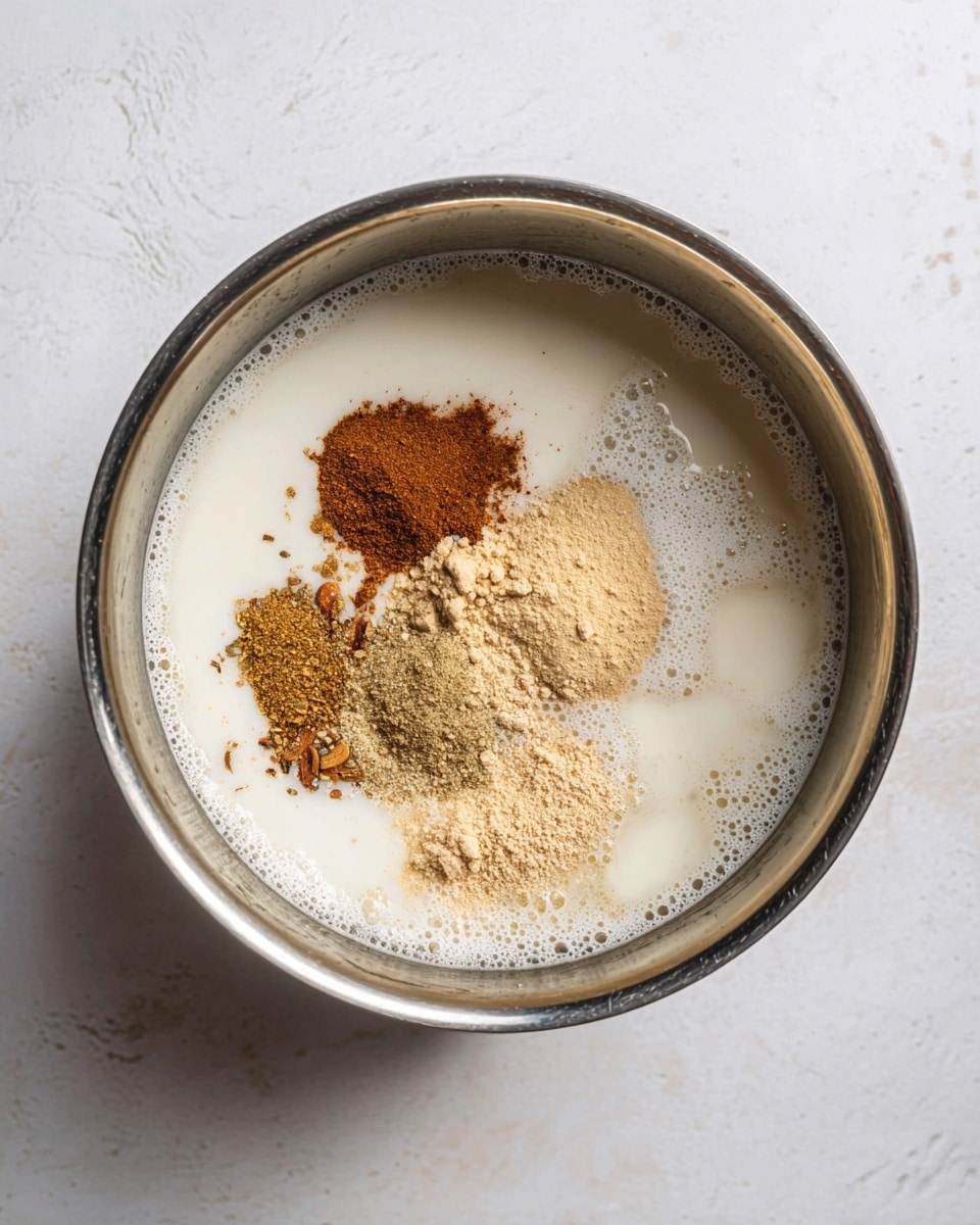 The image shows a silver metal pot filled with white liquid, likely milk, with several dry spices sprinkled on top. There are three distinct spice piles: one is a light brown powder, another is a darker brown powder, and the third is a light beige powder. The milk has light foam forming on part of its surface. The pot is set on a white marbled texture background. Photo taken with an iphone --ar 4:5 --v 7