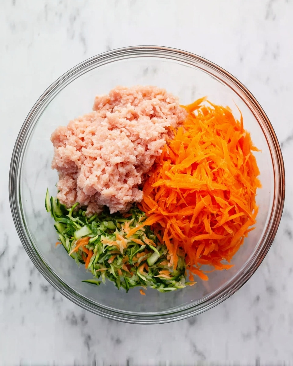A clear glass bowl on a white marbled surface holds three layers of ingredients side by side. On the left is a pale pink layer of raw ground meat with a soft, slightly fluffy texture. On the top right, there is a bright orange pile of shredded carrots with thin, fine strands. Below the carrots, on the bottom right, is a mixture of green shredded vegetables with some carrot shreds mixed in, looking fresh and crisp. photo taken with an iphone --ar 4:5 --v 7