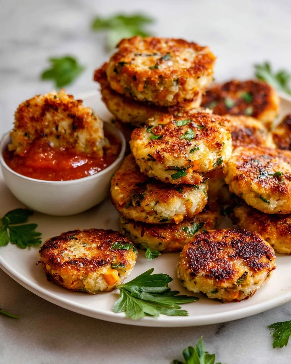 The image shows a white plate filled with small, golden-brown patties that have a slightly crispy texture with visible herbs and vegetable bits inside. The patties are stacked in layers, around eight in a pile at the center, with several more scattered around the plate's edge. A small white bowl with a smooth texture holds a red dipping sauce topped with a single patty leaning against it. Green parsley leaves are placed on and around the patties to add color contrast. The plate sits on a white marbled surface with a few loose parsley leaves scattered nearby, creating a casual and inviting look. Photo taken with an iphone --ar 4:5 --v 7